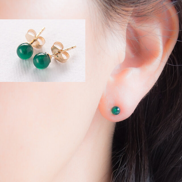 グリーンカルセドニーのシンプルひとつぶピアス〜14KGF