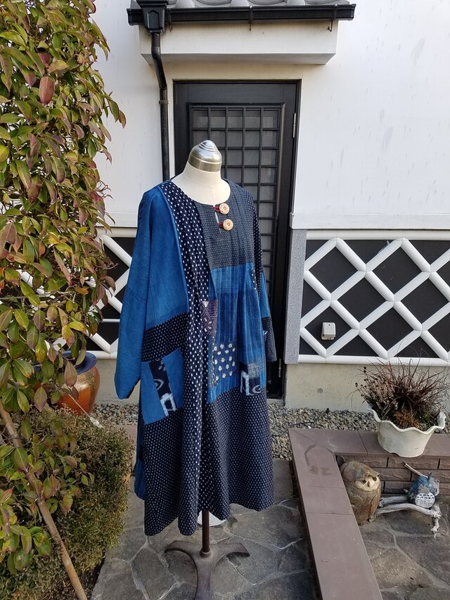 着物リメイク 古布 手作り かすり たっぷり パッチ ワンピース 着物リメイク 古布 手作り かすり たっぷり パッチ ワンピース