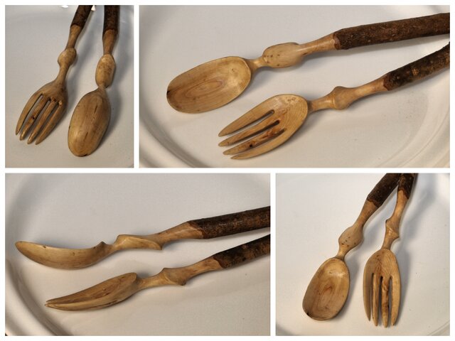 アンティーク　巨大スプーン＆・フォーク　飾り 古民具】木製巨大スプーン フォーク 飲食店 ディスプレイ 壁飾り