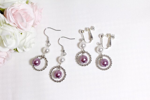ホワイトとパープルのダブルパールピアス/イヤリング〔321/322〕の画像1枚目