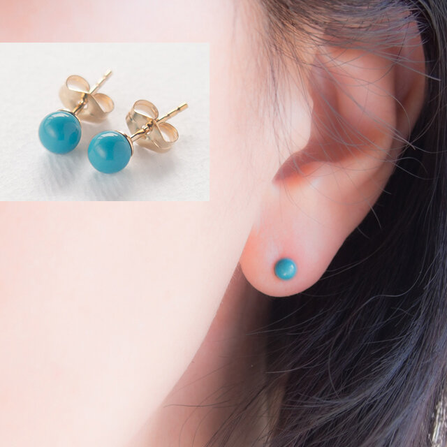 ターコイズのシンプルひとつぶピアス〜14KGF