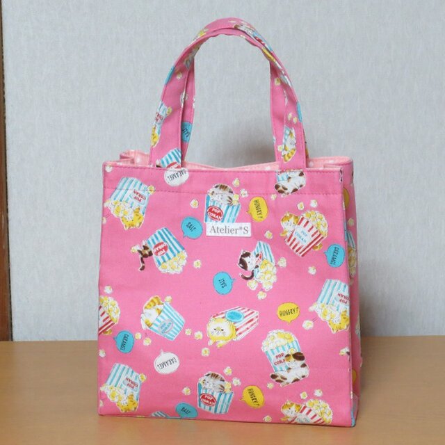 【再販】ミニスクエアトートバッグ★ポップコーンとネコ柄(ピンク)の画像1枚目