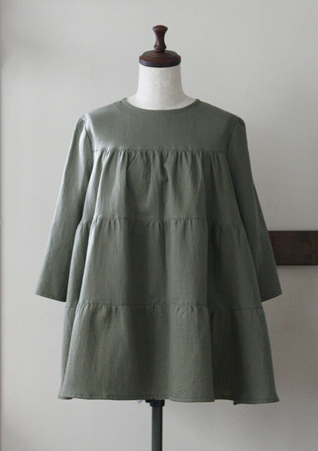 【sale】ギャザーチュニック Wガーゼ オリーブ(M)の画像1枚目
