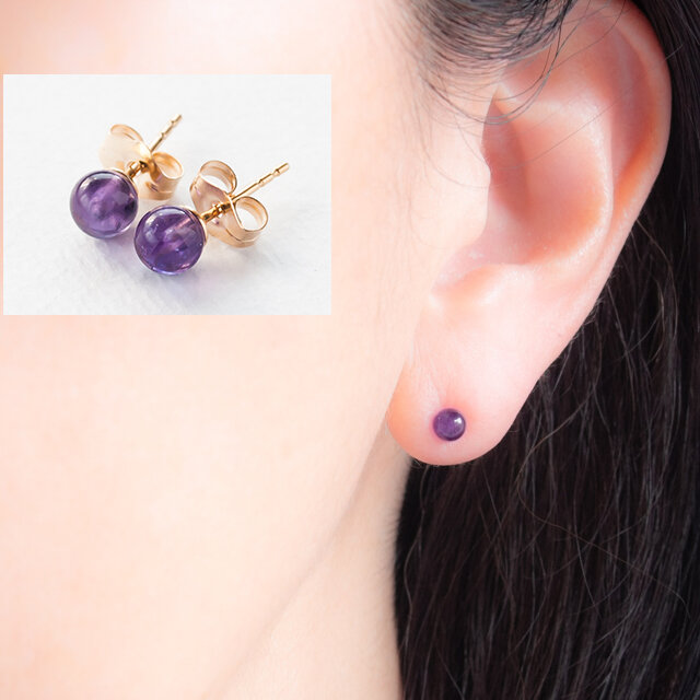アメジストのシンプルひとつぶピアス〜14KGF