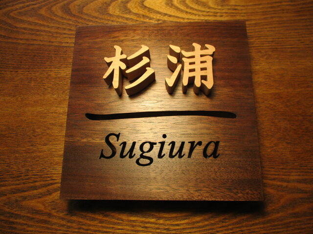 切り抜きと浮き文字の木製表札 １8ｃｍ正方形