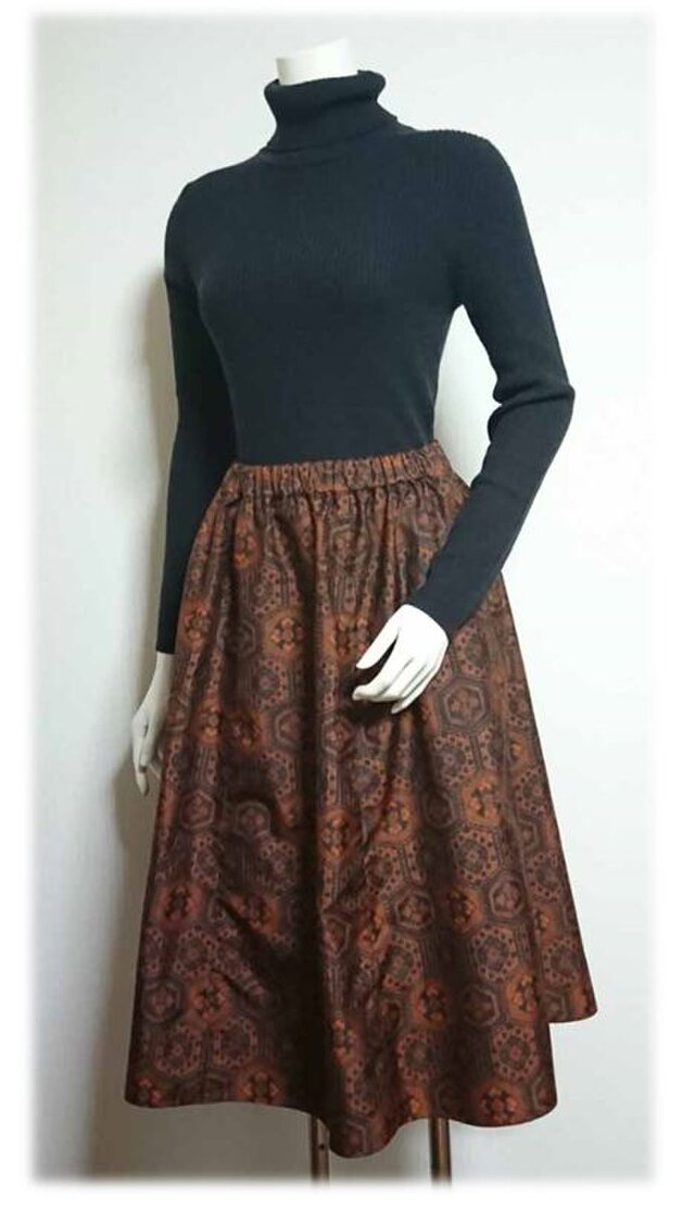 163＊朱色大島リメイクスギャザーフレアカート（6枚はぎ）