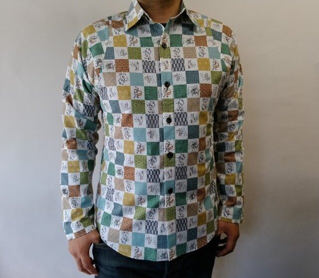 長袖和柄シャツ(市松和文様に鳥獣戯画音楽隊)の画像1枚目