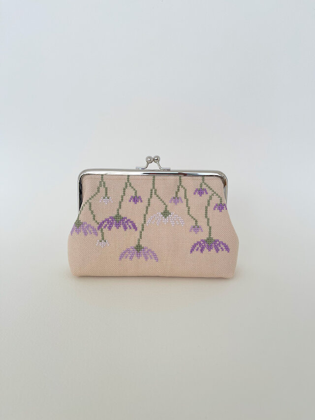 花模様/紫色 - 18㎝リネンガマ口ポーチ/ サンプル品 /送料無料