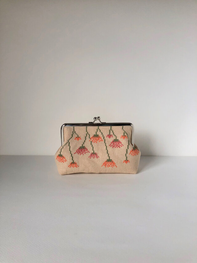 *sale* 花模様＊ピンク・オレンジ色 - 18㎝リネンガマ口ポーチ