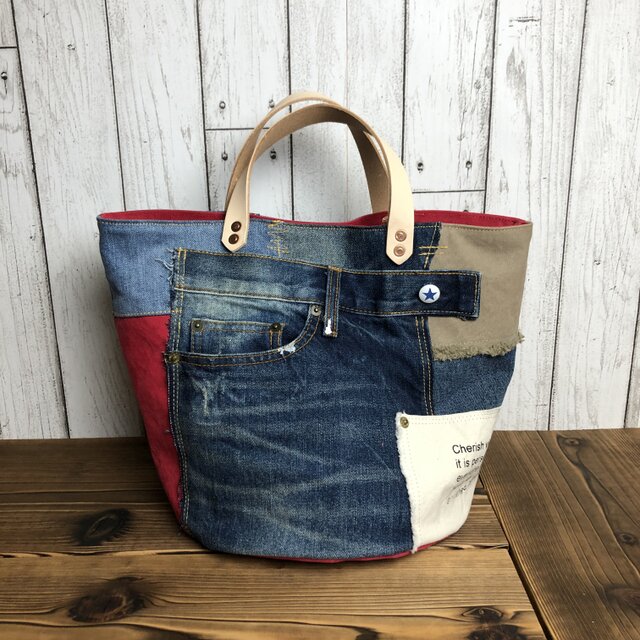 宅急便送料無料☆バケツ型デニムバッチバッグ