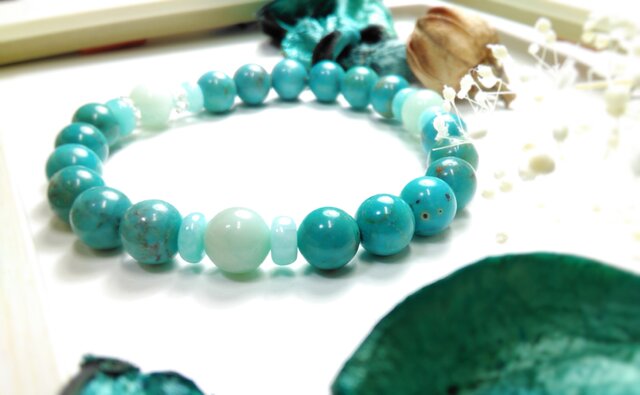 【blue.ks】高品質アマゾナイトのゴムブレスレット ♡お気に入り感謝セール200円引き！アマゾナイト×ターコイズの