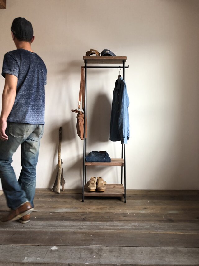 数量限定　2D-MN-60　 ハンガーラック 　アイアン　インダストリアル　フック付き　コンパクト　ディスプレイラック　古材