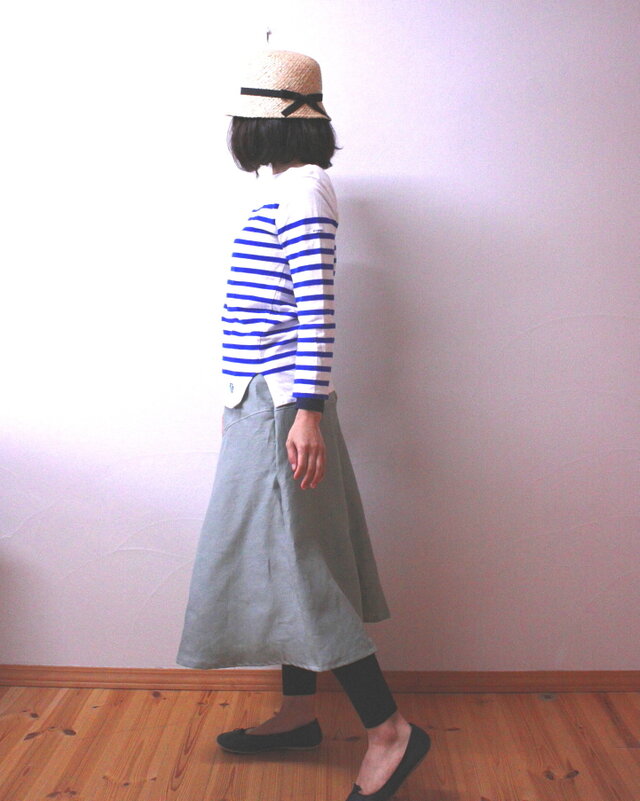 リネン　Aラインラインのフレアースカート　うぐいす色