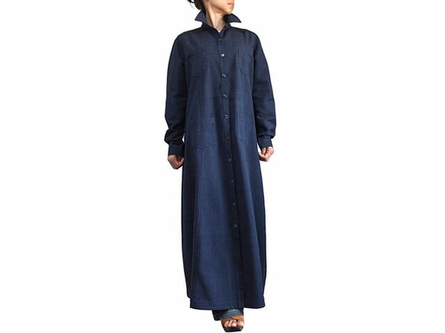 ジョムトン手織り綿ロングシャツコート インディゴ紺(JFS-146-03)の画像1枚目