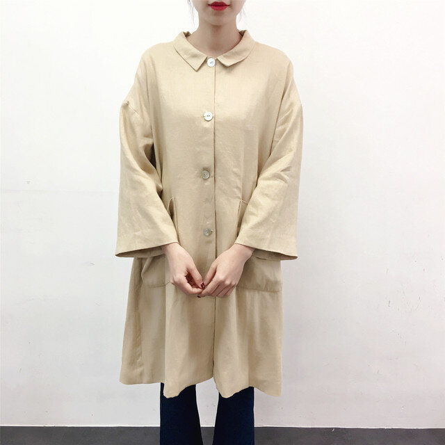 en-en　リネン・ちび襟Ａラインコート・ベージュ裏地付き