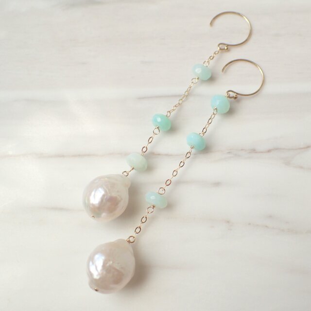 K14GF water pearl & blue opal long pierceの画像1枚目