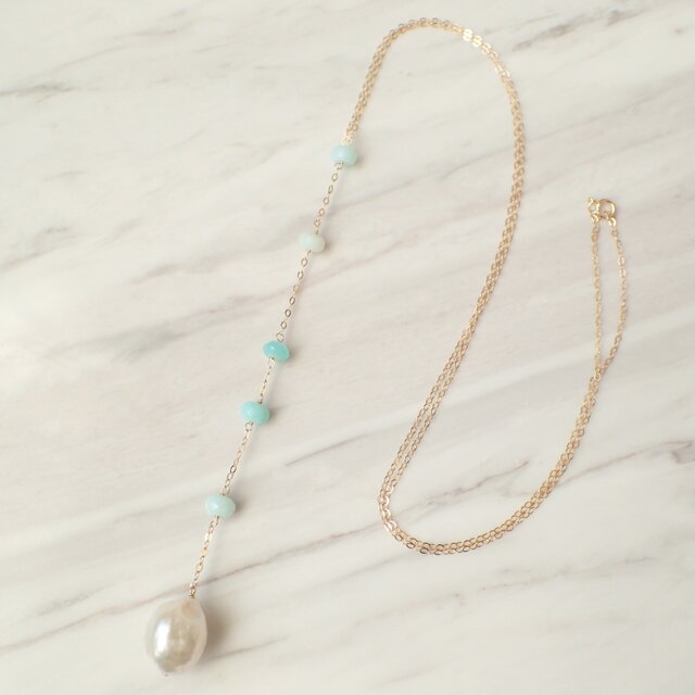K14GF water pearl & blue opal long necklaceの画像1枚目