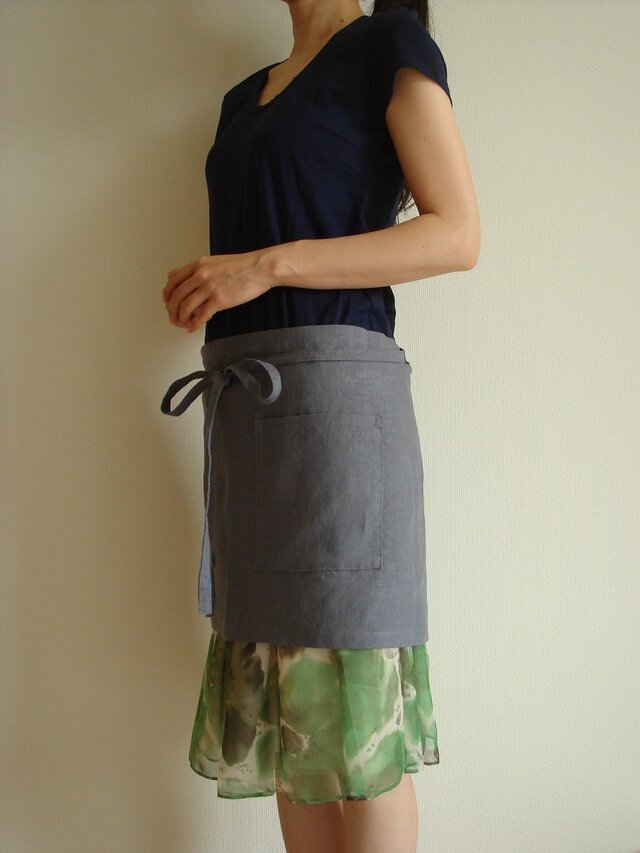 ☆リネン：丈34.5ｃｍ　パープルグレーのカフェエプロン☆