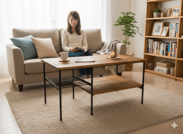 アイアンラックのウッドテーブル アイアン ウッド リビング ソファ ローテーブル （ 収納棚 付き