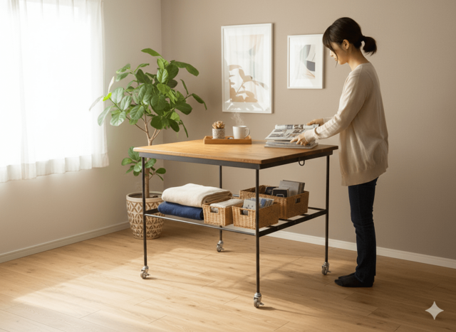 アイアン ウッド ムービング テーブル（キャスター フック 収納棚付