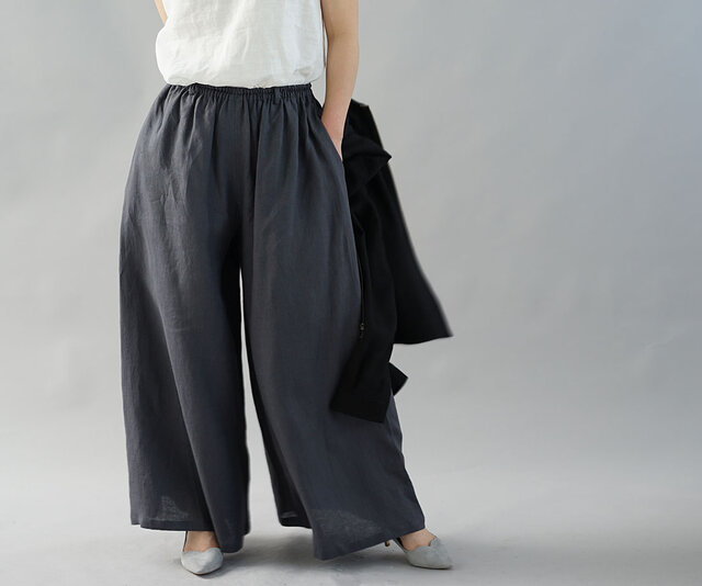 【wafu】薄地 雅亜麻 リネン パンツ 究極の ワイドパンツ キュロット ロング マキシ丈/ 墨色 b002g-smi1の画像1枚目