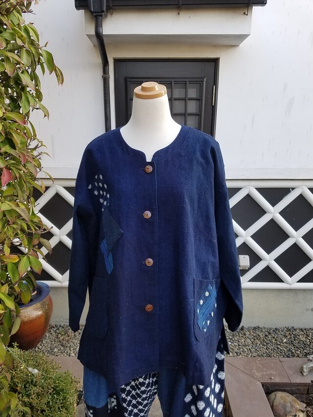 着物リメイク　古布　手作り　藍風呂敷、絵がすり　パッチ　上着