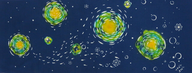 型染めてぬぐい「月と星と」(ネコなしバージョン)(綿100%・絞り染め生地に抜染)の画像1枚目