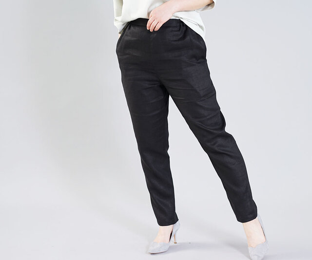【wafu】中厚 リネン ロングパンツ キレイめ ボトムス オフィスにも ウエストゴム / ブラック b010b-bck2の画像1枚目