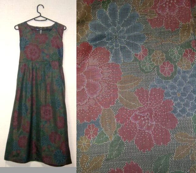 着物リメイク♪春色花柄大島紬チュニックワンピース♪ハンドメイド・春待ち・正絹の画像1枚目