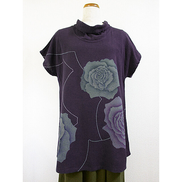 ガーゼ生地の半袖コットンチュニック 薔薇の花模様 紫色 Iichi ハンドメイド クラフト作品 手仕事品の通販