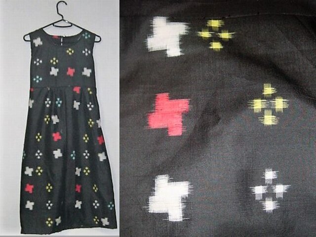 Sold Out着物リメイク♪十字絣模様が可愛い銘仙チュニックワンピース♪ハンドメイド・黒・正絹・絣模様 | iichi ハンドメイド