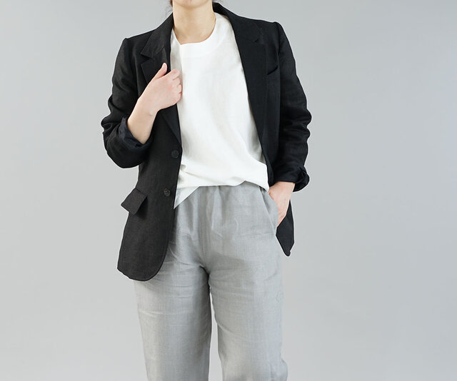 【wafu】中厚 リネン メンズ テーラード ジャケット 総裏仕様 裏地リネン 羽織/ ブラック 018e-bck2の画像1枚目