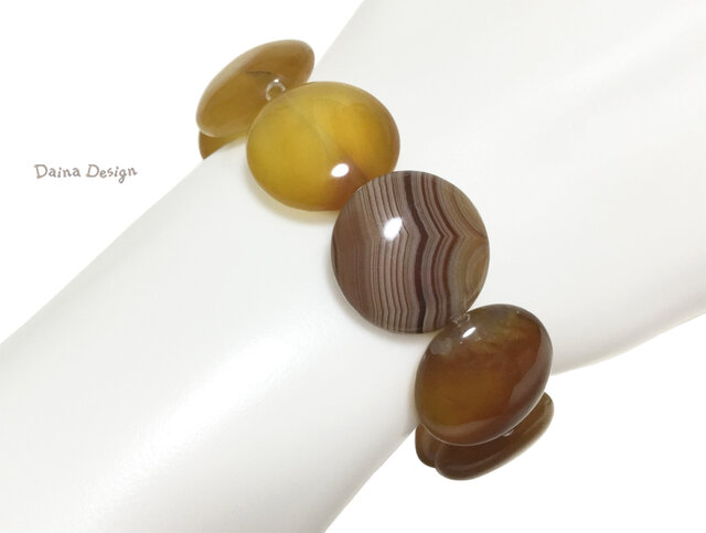 アゲート ブレスレット 琥珀色 黄 茶 縞 瑪瑙 コイン型 レア 大粒