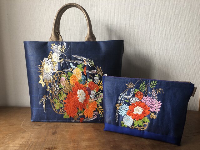 帯バッグ 花籠文様名古屋帯リメイクバッグ&ポーチセットの画像1枚目