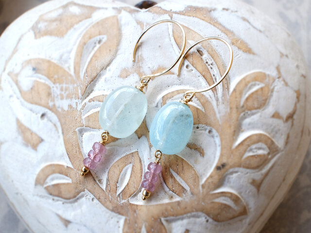 【SALE】アクアマリンとピンクスピネルのピアス・イヤリング変更可の画像1枚目