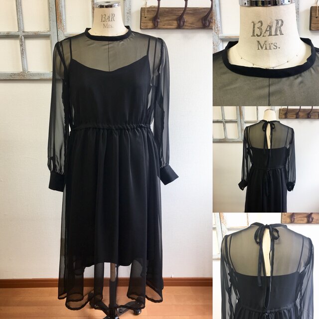 大人の透け感❤️シースルーシフォン素材の長袖ワンピース 黑(サイズフリー L〜L L)※インナーはついてません。の画像1枚目