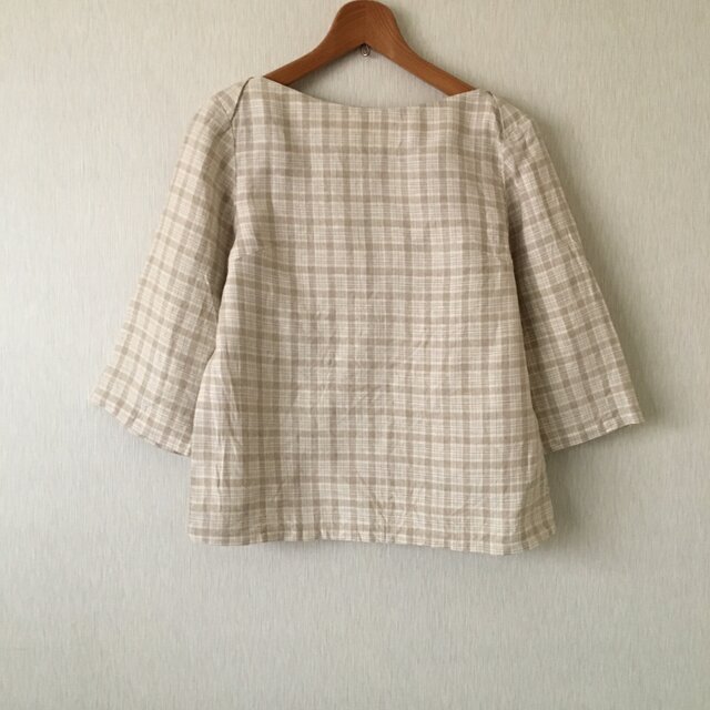 リネンチェック襟重ねボートネックブラウス 生成り×ベージュM~Lの画像1枚目