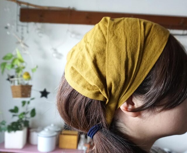 綿麻マスタードカラーのヘアターバンの画像1枚目
