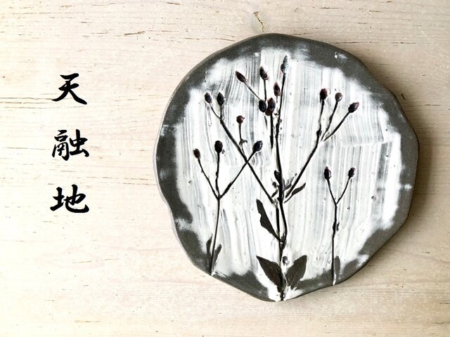 天融地★「粉引の草花のプレート コセンダングサ 平皿」陶芸作品 中皿 飾り皿 ディスプレイ用品などにの画像1枚目
