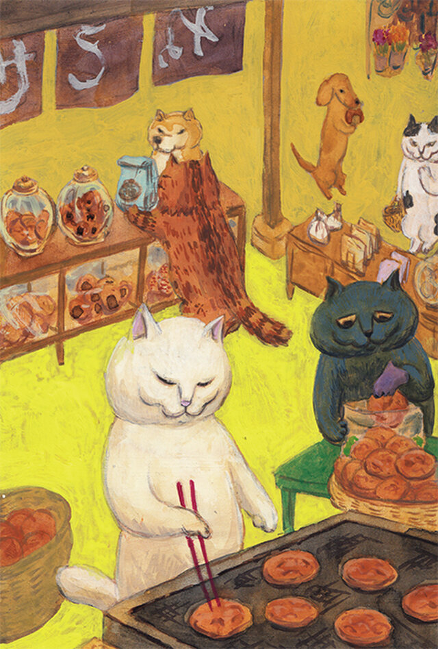 カマノレイコ オリジナル猫ポストカード「おせんべい屋さん」2枚セットの画像1枚目