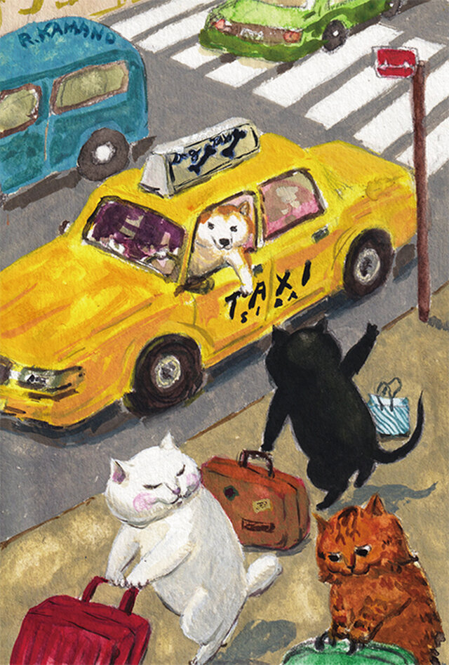 カマノレイコ オリジナル猫ポストカード「タクシー」2枚セットの画像1枚目