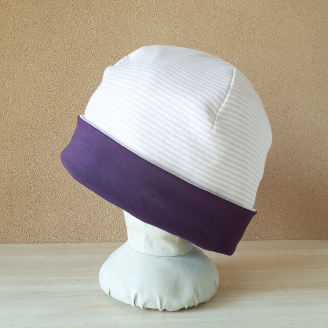 ♪春のSALE♪ニットのリバーシブル帽子(Mサイズ)*2mmボーダー(スモーキーピンク×アイボリー)×グレイッシュパープルの画像1枚目