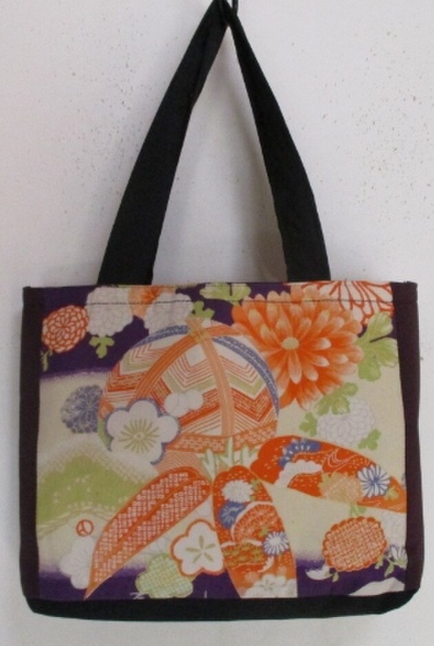 送料無料 花柄の着物で作った手提げ袋 4201の画像1枚目