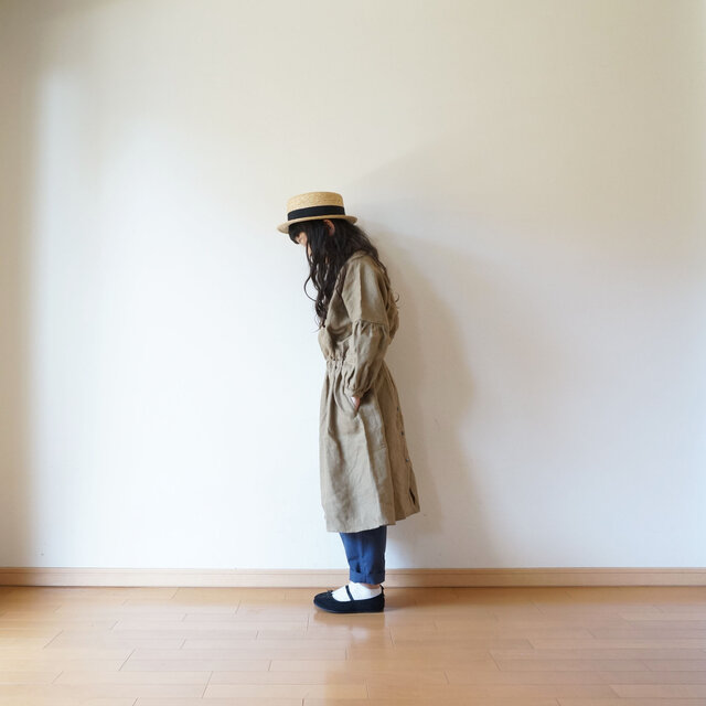Linen waist gather one piece KHAKI kids 3(120cm~),4(140cm~)sizeの画像1枚目