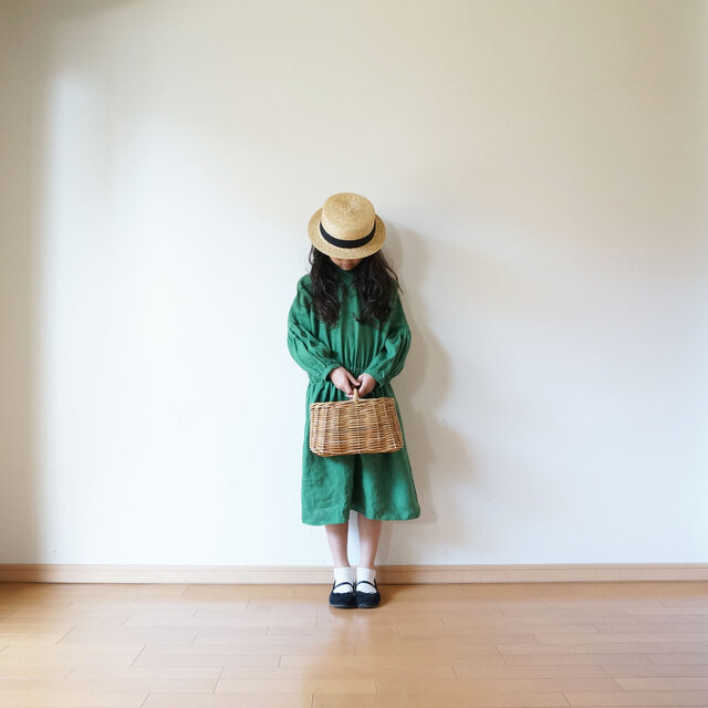 Linen waist gather one piece GREEN kids 3(120cm~),4(140cm~)sizeの画像1枚目