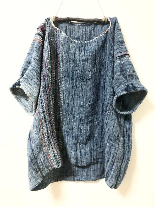 藍染シルク100% 手刺繍 プルオーバーの画像1枚目
