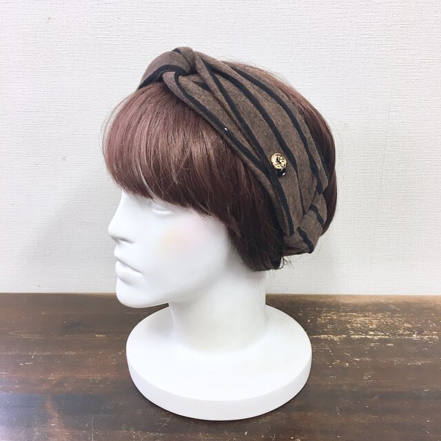 セール価格★大人可愛い❤️ボーダー柄ねじりヘアバンド 茶色(サイズM〜 L)の画像1枚目