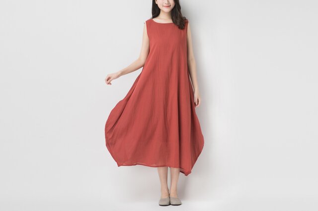 綿麻生地 大人女性のシンプル華やかノースリーブワンピース☆Red☆の画像1枚目