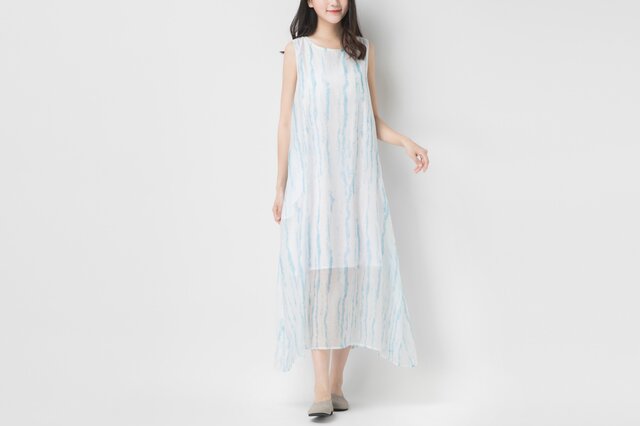 軽やか涼しげ 優雅なストライブノースリーブワンピース ♪Lightblue♪の画像1枚目