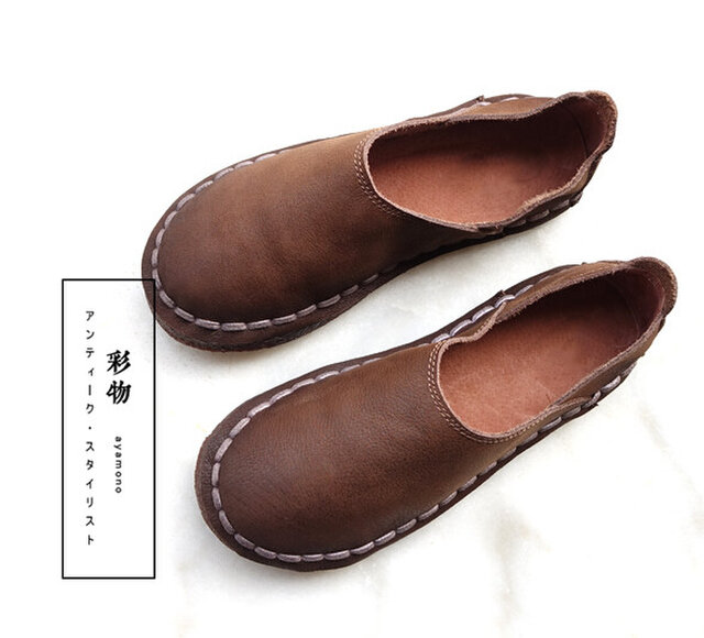 【受注製作】丸トウ 牛革レザーパンプス 靴 手製裁縫 茶褐色 SJC22の画像1枚目